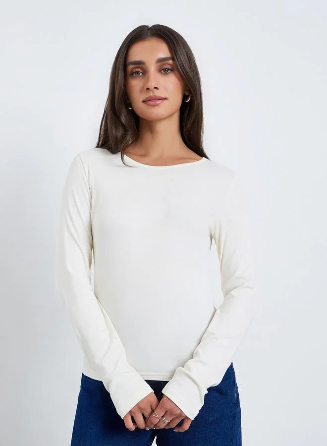Styli Women Solid Crew Neck Long Sleeve Knit Top